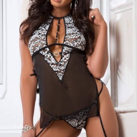 Black Pearl Babydoll & Gartered Panty Set